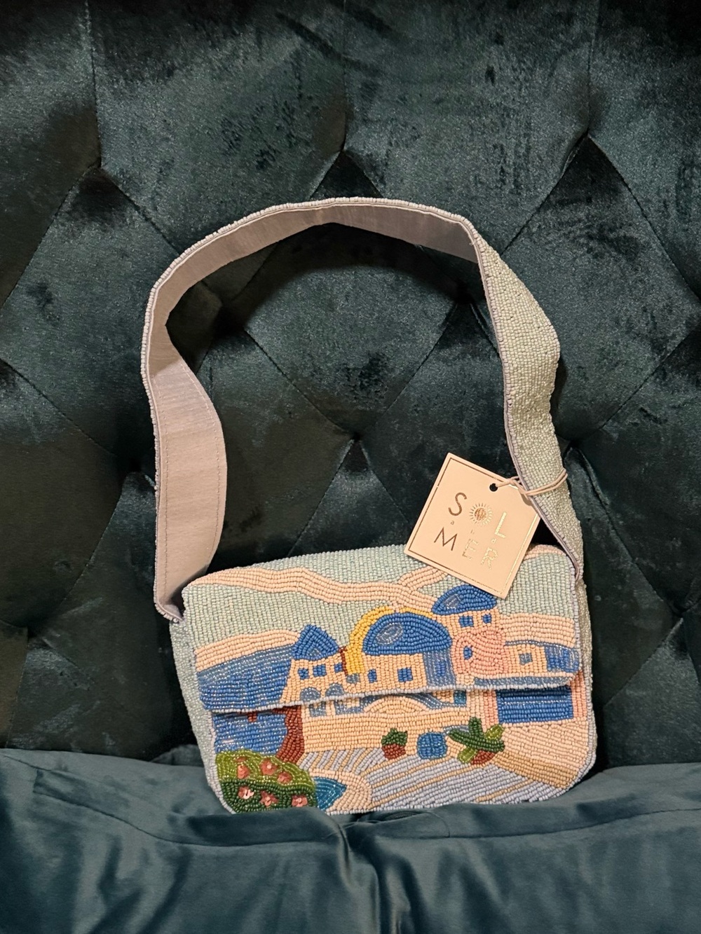 NWT Sol & Mer Beaded Santorini Greece Shoulder Bag Resort Print
